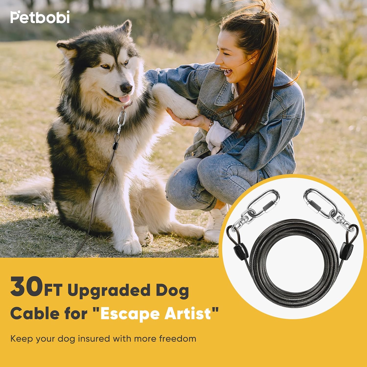 Petbobi Heavy Duty Dog Tie Out Cable, 30ft for Large Dogs Up to 300Lbs