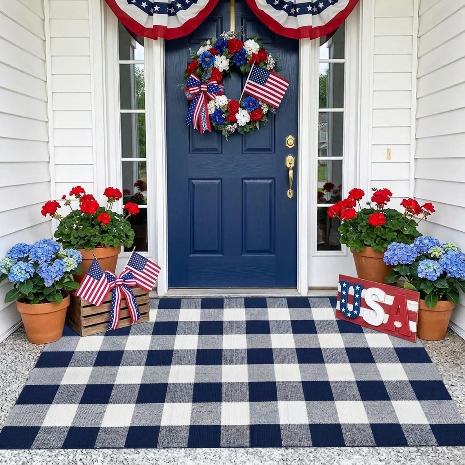 MUBIN Cotton Buffalo Plaid Rug, 3' x 5' Navy Blue White Outdoor Rug Front Door Decorative Mat, Washable Doormat Foldable Area Rug Layered Door Mats Rug for Front Porch, Entryway, Patio