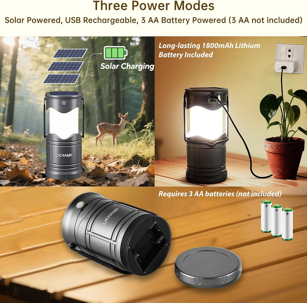 Lichamp 1-Pack Solar Camping Lantern, USB Rechargeable LED Lanterns
