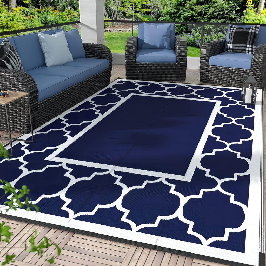 GENIMO Outdoor Rug, Waterproof Plastic Rugs for Patio, 6'x9' Black Gray