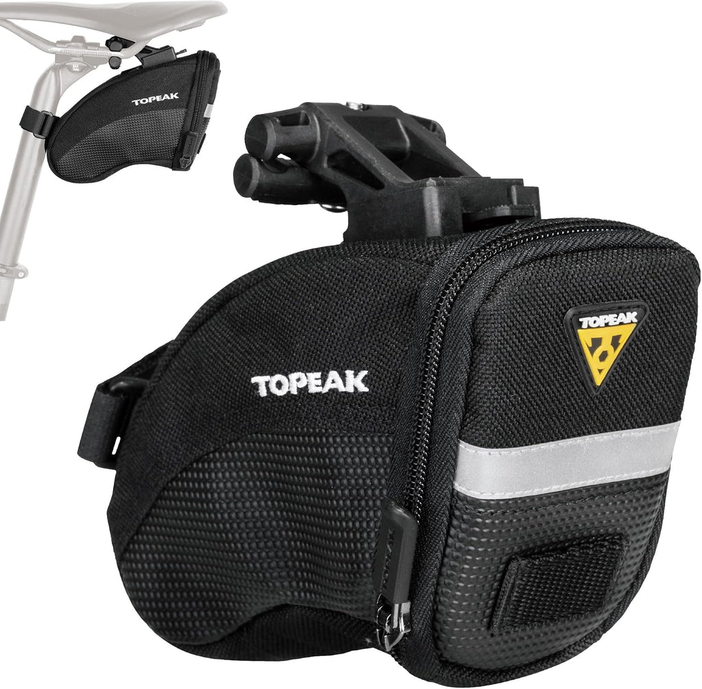 Topeak Aero Wedge Pack with Fixer F25 (Small), Compact Aerodynamic Bike Saddle Bag with QuickClick Mount, Durable 1000D Nylon, Reflective Strip, Safety Light Clip
