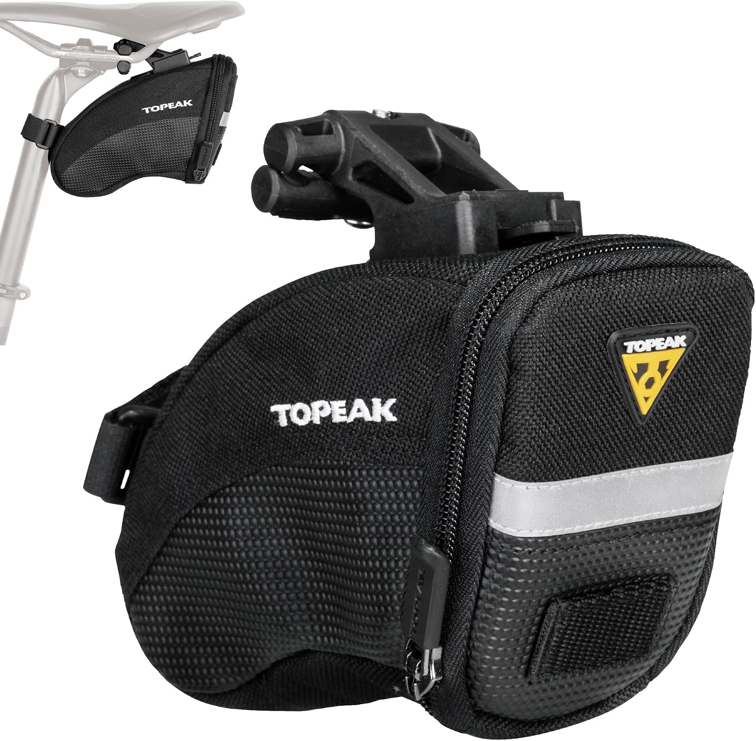 Topeak Aero Wedge Pack with Fixer F25 (Small), Compact Aerodynamic Bike Saddle Bag with QuickClick Mount, Durable 1000D Nylon, Reflective Strip, Safety Light Clip