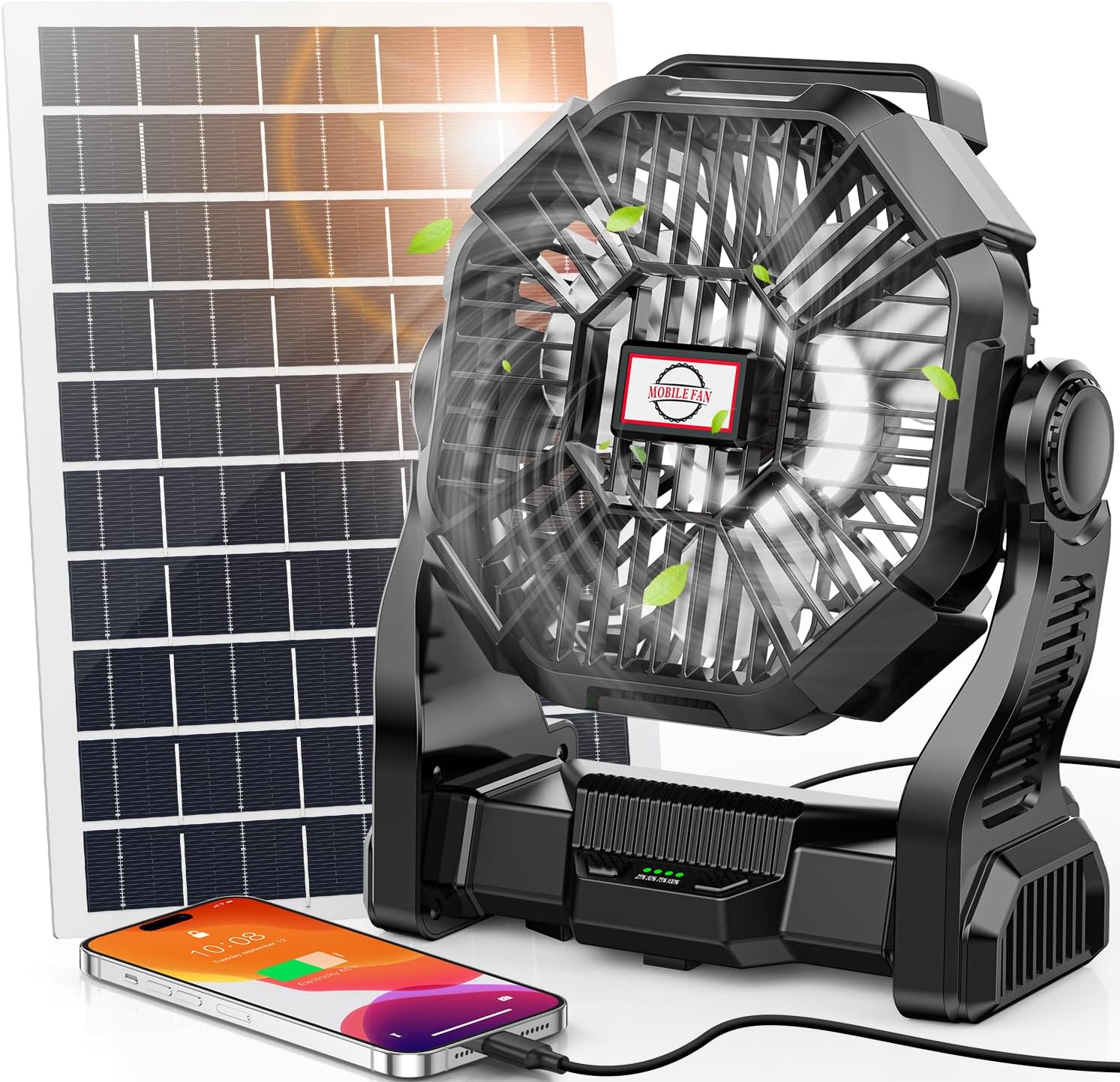 Solar Fan with LED Lantern, 10W Solar Panel Rechargeable Battery Powered Camping Fan for Outside, Portable Battery Operated Hurricane Supplies for Picnic, Barbecue, Fishing, Travel, 16-64Hrs Runtime