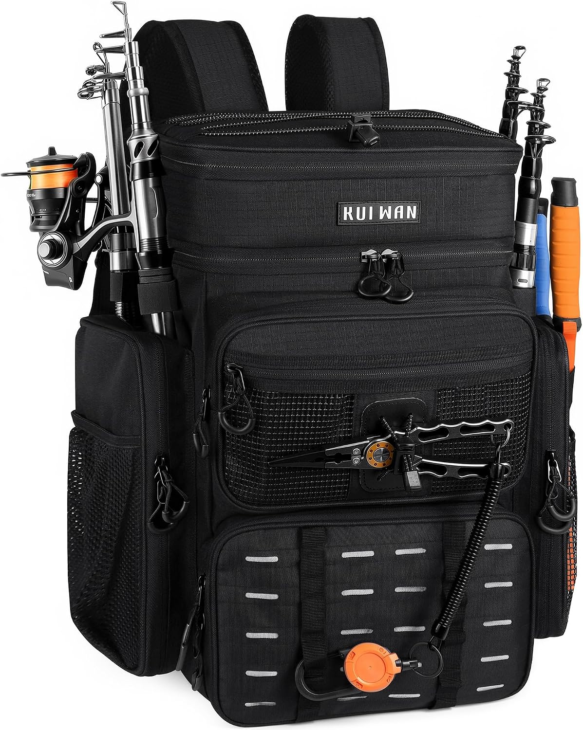 Fishing Backpack with Cooler & 4 Rod Holder, Large 45L Tackle Bag Store Fishing Gear Boxes Gifts for Men Woman-Black Back Pack