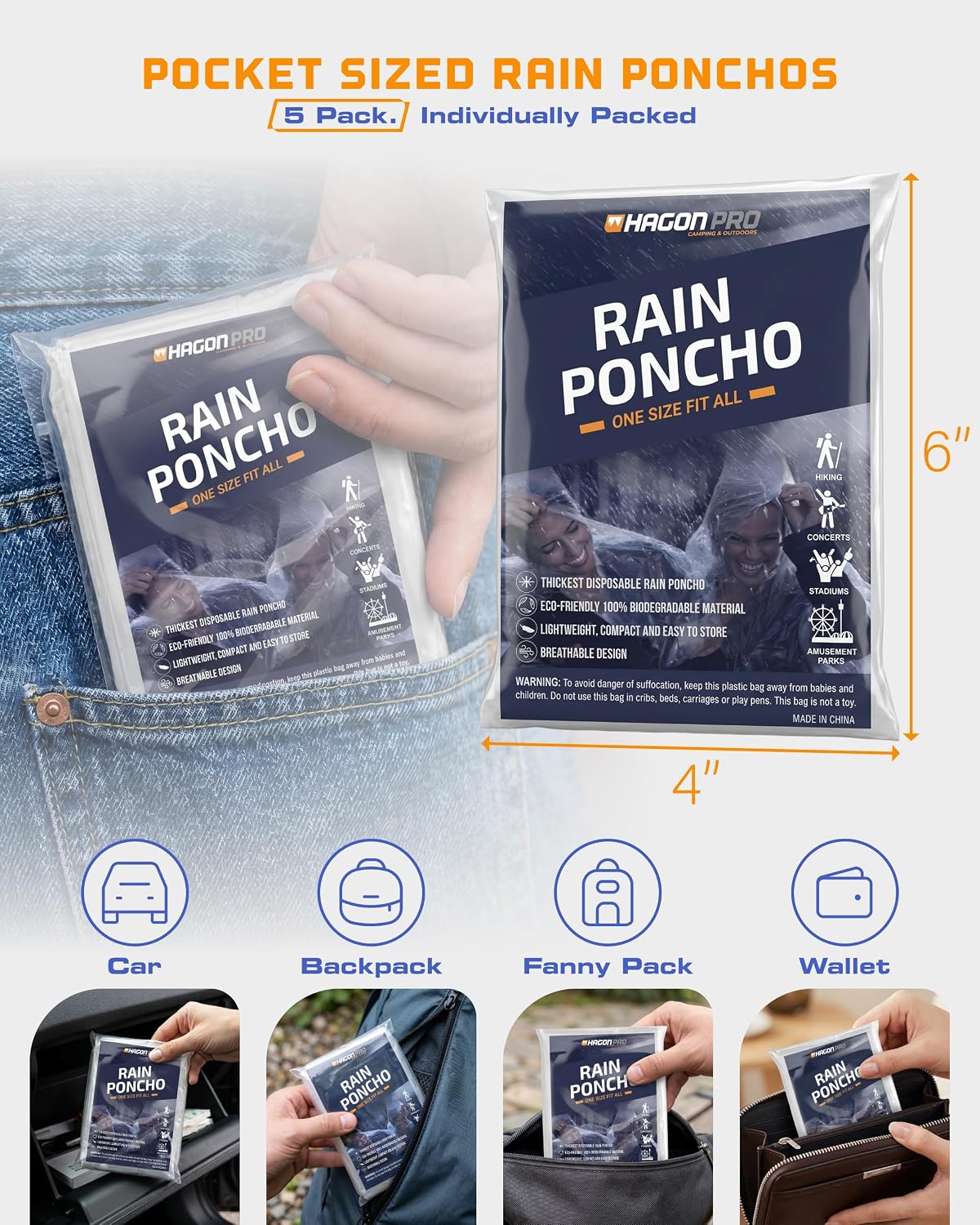 Hagon PRO Disposable Rain Ponchos for Adults (5 Pack)