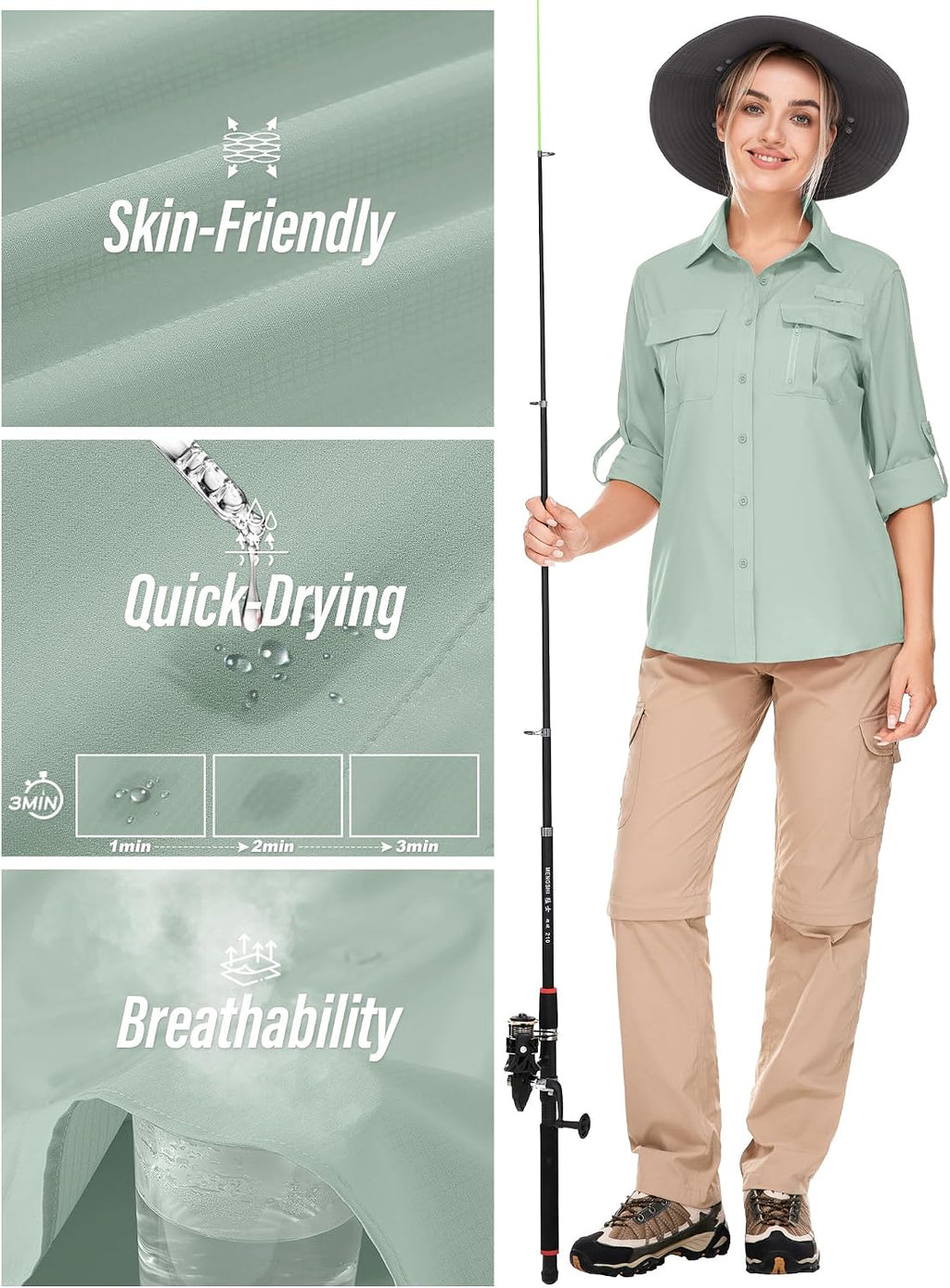 Women's UPF 50 Long Sleeve Sun Protection Safari Fish Hiking Shirts