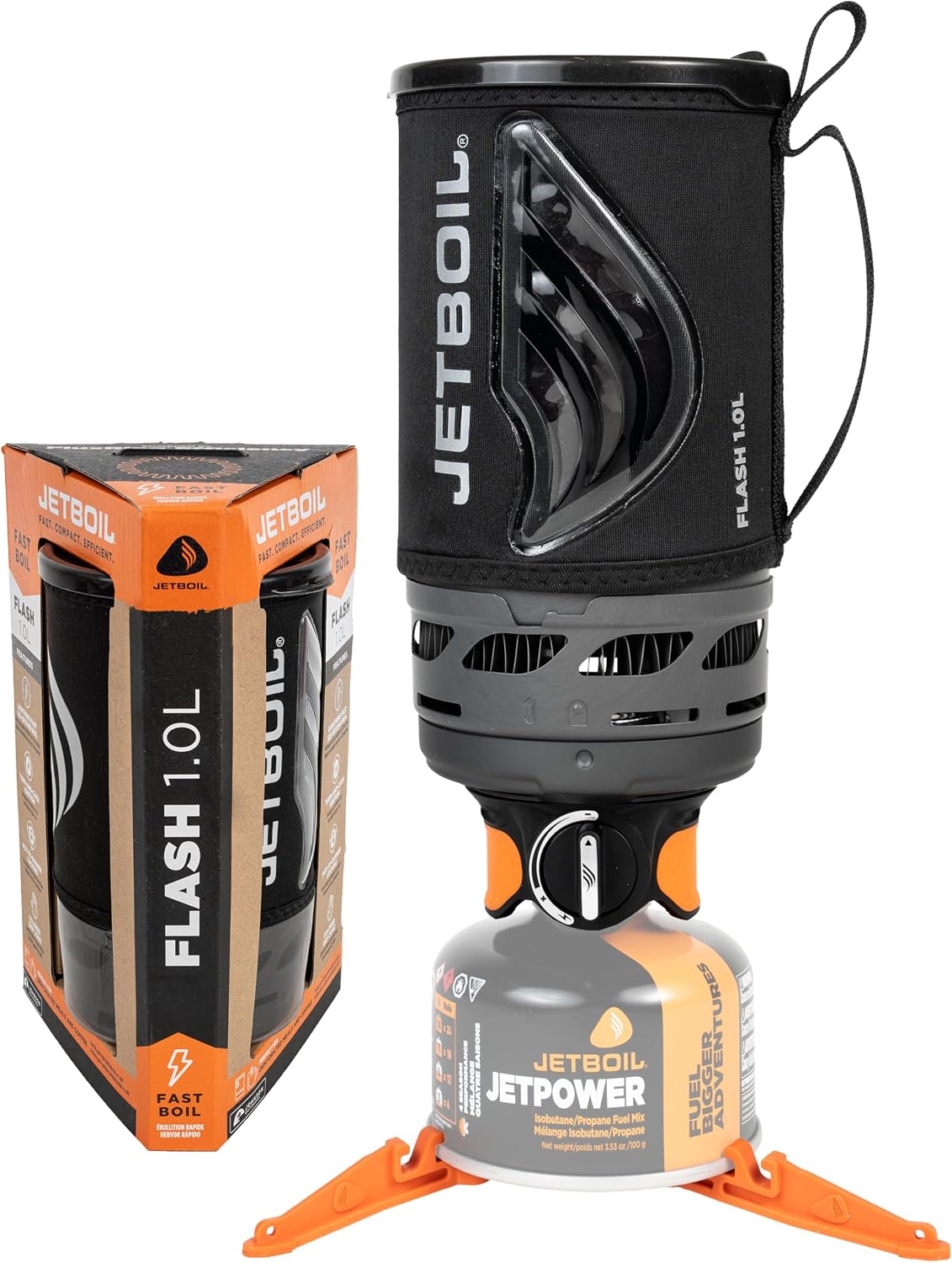 Jetboil Flash 1.0L Portable Fast Boil Stove for Camping and Backpacking with 1-Step Auto Ignition, Propane/Isobutane Burner with Cooking Cup, Carbon