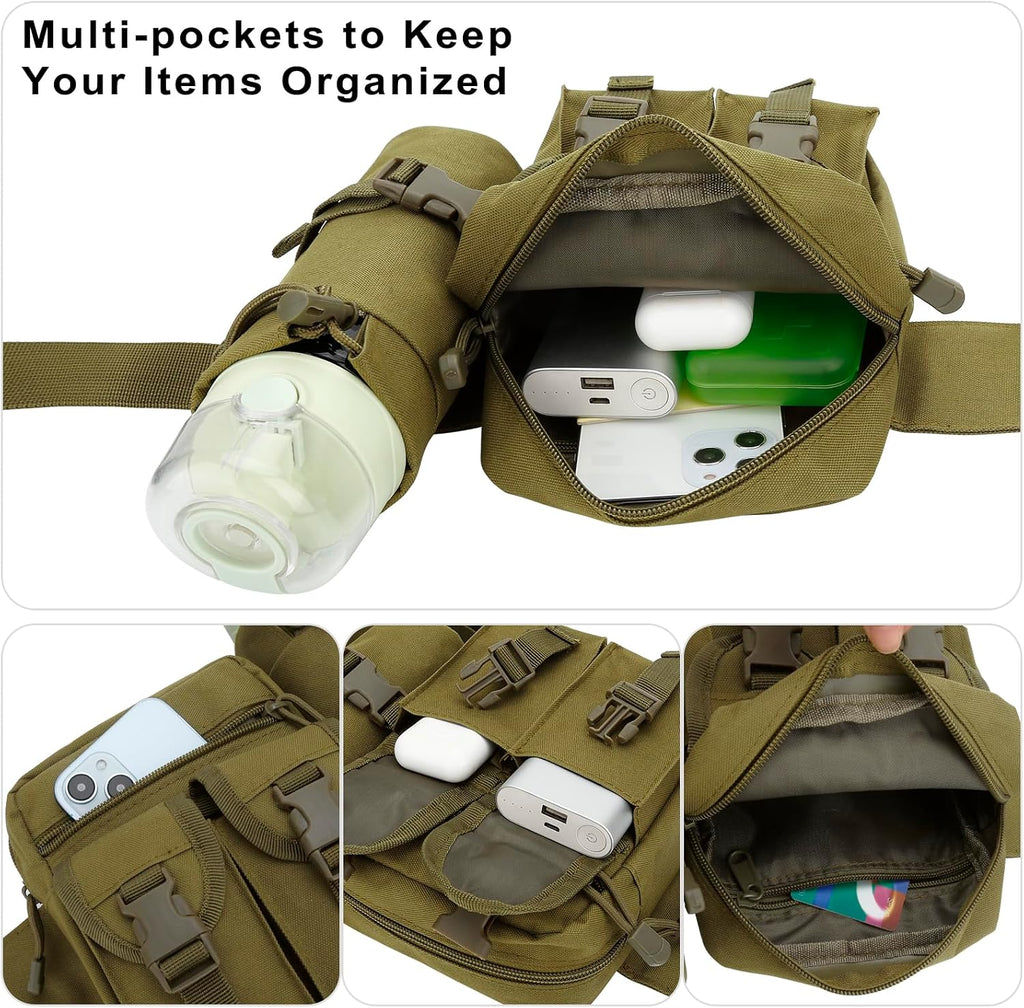 DOB SECHS Hiking Waist Bag with Detachable Water Bottle Holder and Adjustable Waist Belt Oxford Fanny Pack for Men Women Causal Belt Bag for Travel Outdoor Fishing Running Hiking Hunting,Khaki
