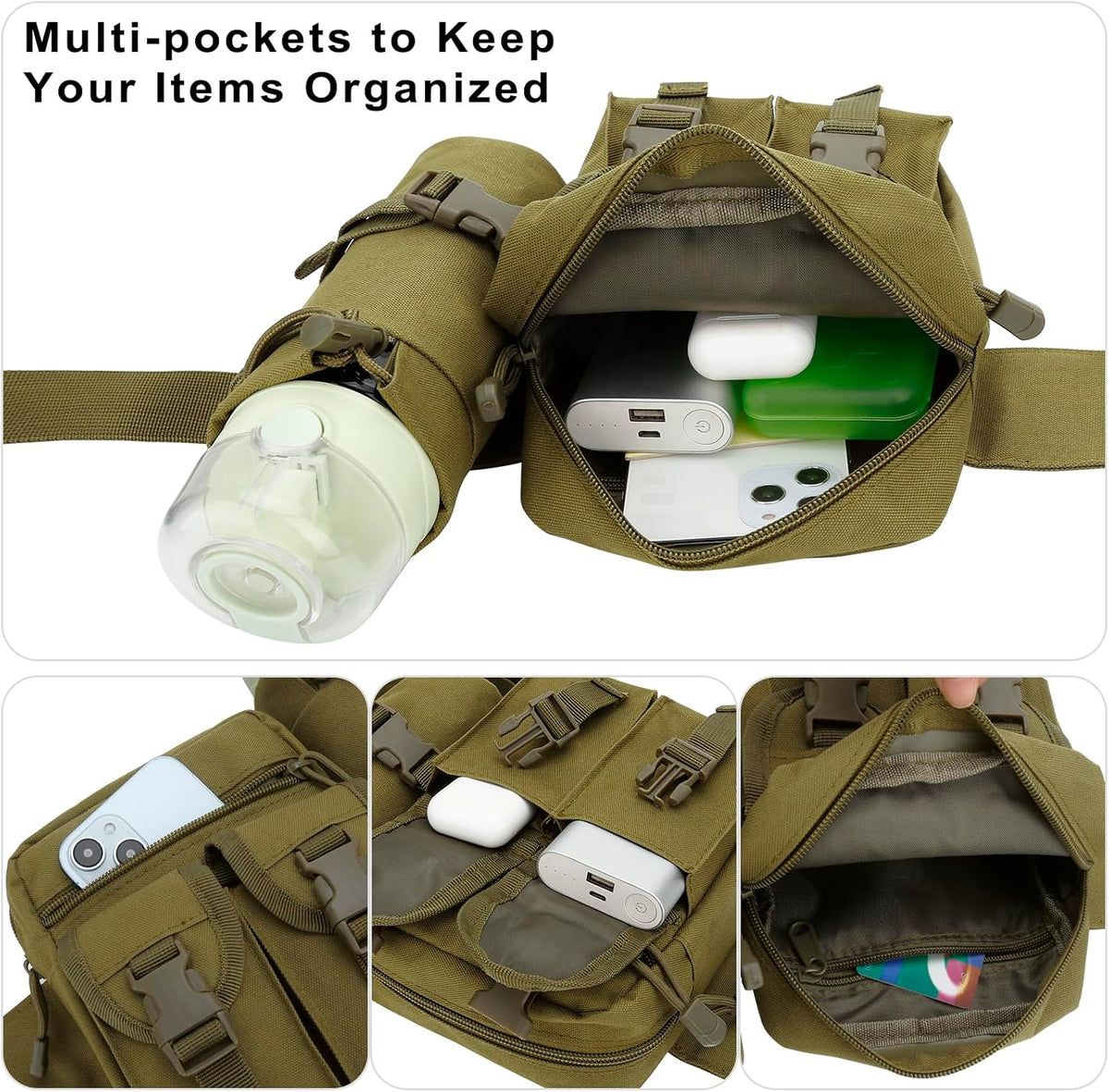 DOB SECHS Hiking Waist Bag with Detachable Water Bottle Holder and Adjustable Waist Belt Oxford Fanny Pack for Men Women Causal Belt Bag for Travel Outdoor Fishing Running Hiking Hunting,Khaki
