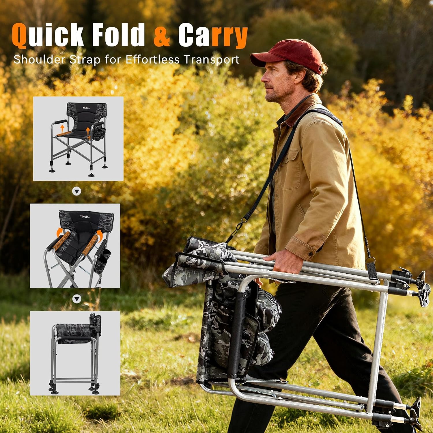 Padded Folding Fishing Chair with 2 Rod Holders for Adults Heavy Duty Adjustable Legs Outdoor Camping Chairs with Side Pocket Shoulder Strap Portable Ice Fishing Chair for Camp Lawn Patio