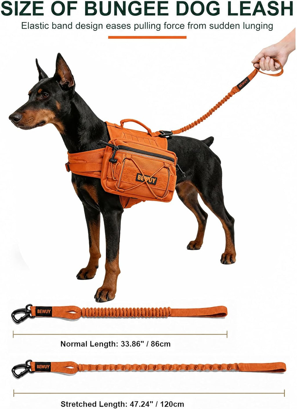 Tactical Dog Backpack for Medium Large Dogs, Reflective Pack Harness with Storage, Poop Bag Pocket, Includes Free Anti-Pull Leash (Orange, L)