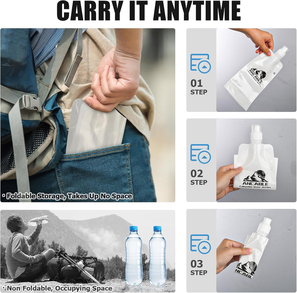 Ancable 17oz Collapsible Water Bottles, 6-Pack Reusable Travel Foldable Water Bottles for Hiking Camping Running Bike, BPA-Free Water Bottle, White