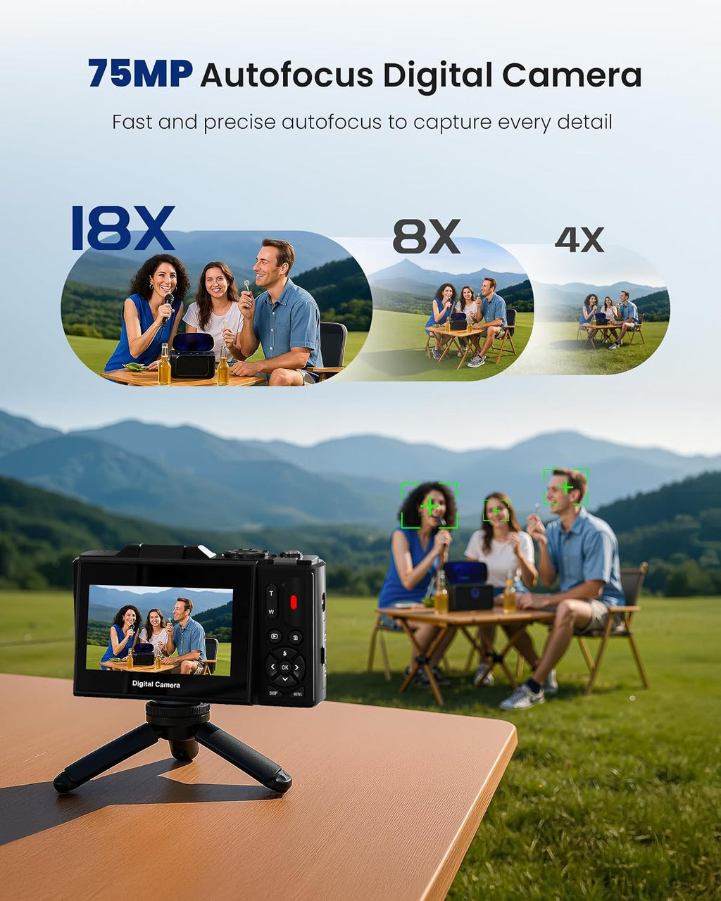 5K 75MP Digital Camera for Photography with WiFi - Autofocus Vlogging Camera for YouTube with 64GB SD Card, 18X Zoom 3" 180° Flip Screen Compact Travel Camera with 2 Batteries for Teens and Beginner