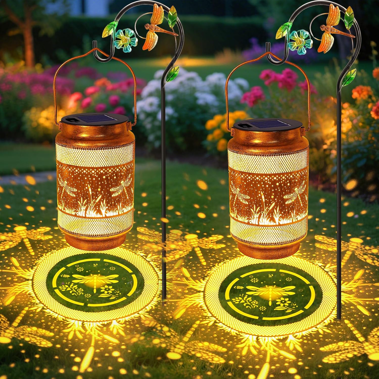 2 Pack Dragonfly Solar Lanterns Outdoor Waterproof Solar Garden Decor, Birthday Gifts for Women Mom Grandma, Metal Hanging Lights with Shepherd Hook for Outside Yard Patio Pathway Porch