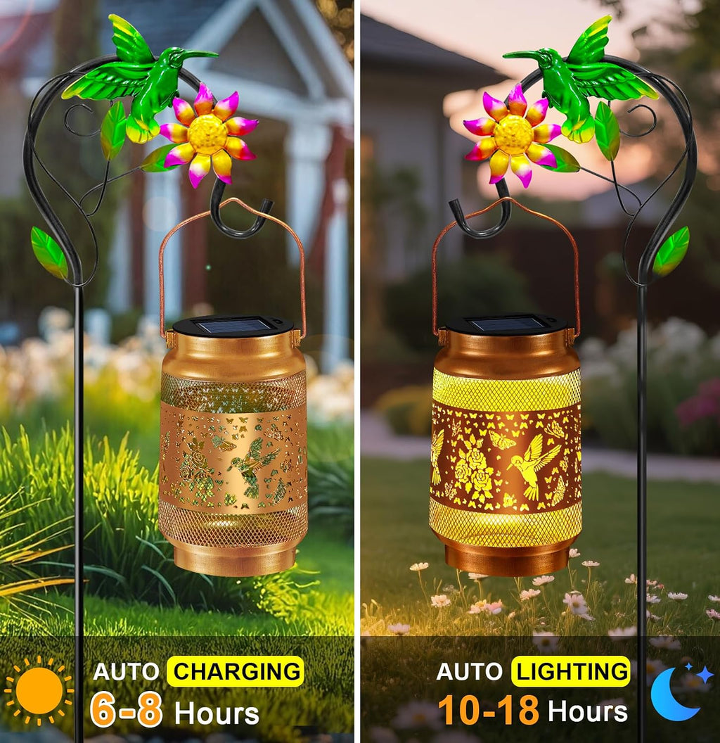 Solar Garden Lights Outdoor Decor, Hummingbird Lantern with Shepherd Hook