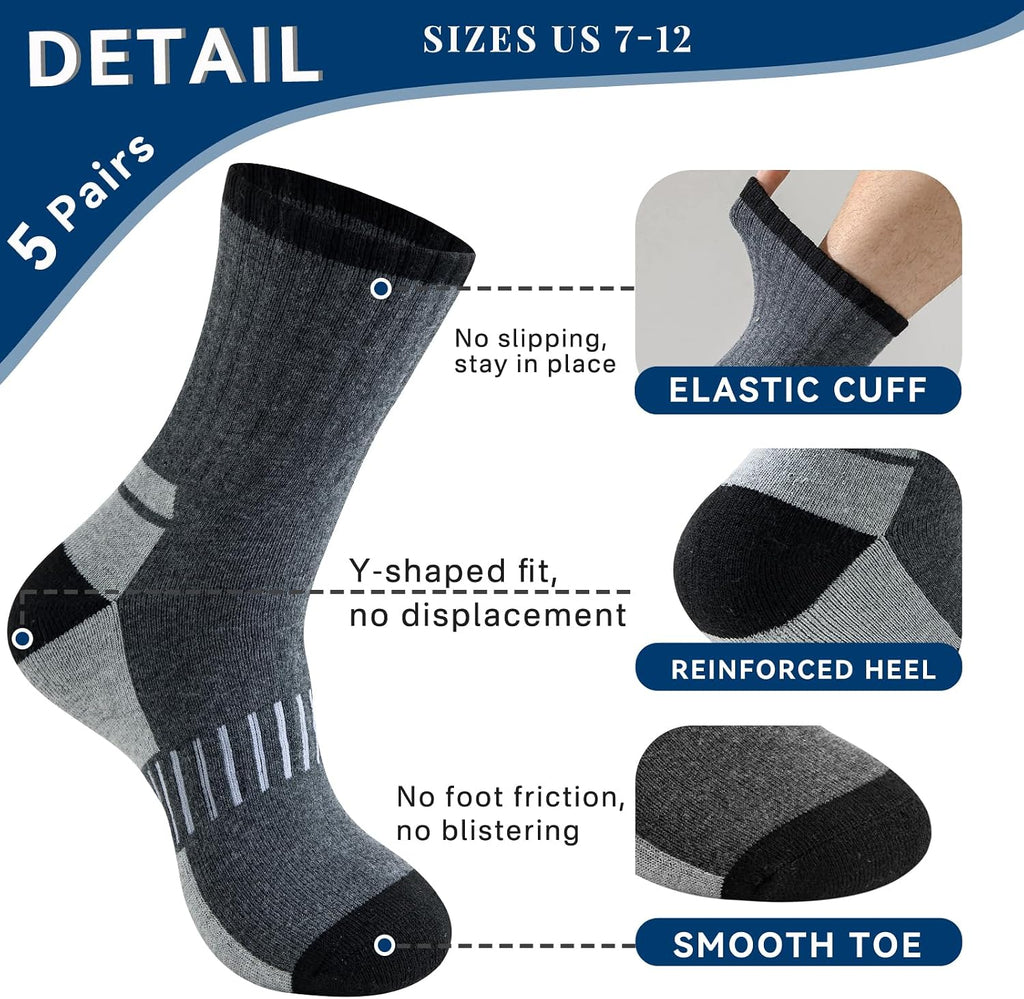 Josnown Thermal Hiking Socks Mens 5 Pairs Warm Winter Cushioned Boot Socks