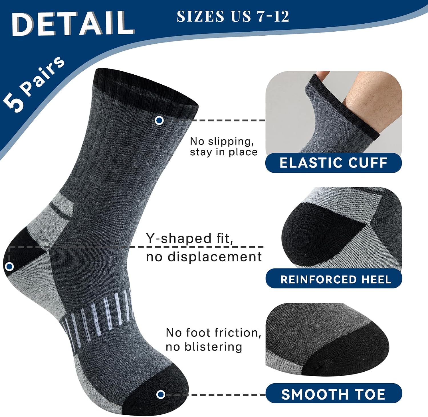 Josnown Thermal Hiking Socks Mens 5 Pairs Warm Winter Cushioned Boot Socks