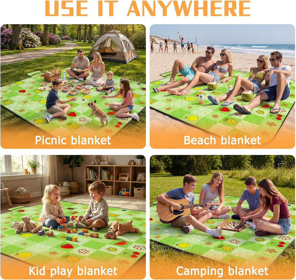 Picnic Blankets Outdoor Blanket,80"x 80" Extra Large Waterproof Sandproof Foldable Beach Blanket Grid Picnic Mat for Camping,Lawn,Park(Green)