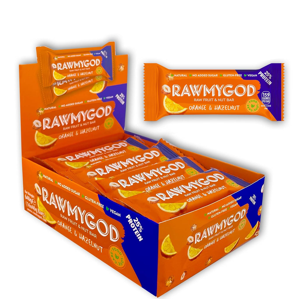 RAWMYGOD Fruit and Nut Bars, Good Source of Protein (10g, 25% protein content), Gluten Free, Vegan, No Added Sugar (16 bars, Orange & Hazelnut)
