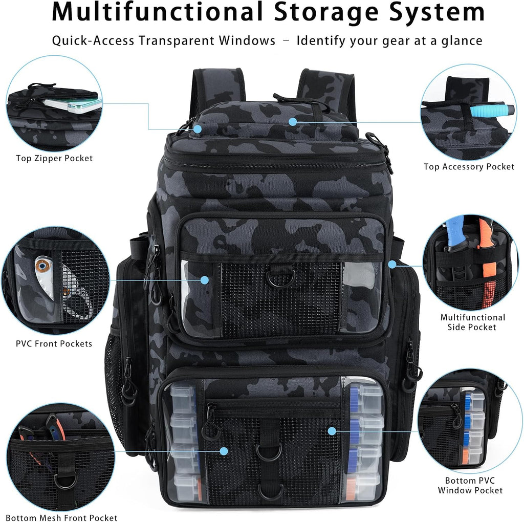 Fishing Tackle Backpack,55L Large Tackle Bag with 4 Rod Holders,Camouflage