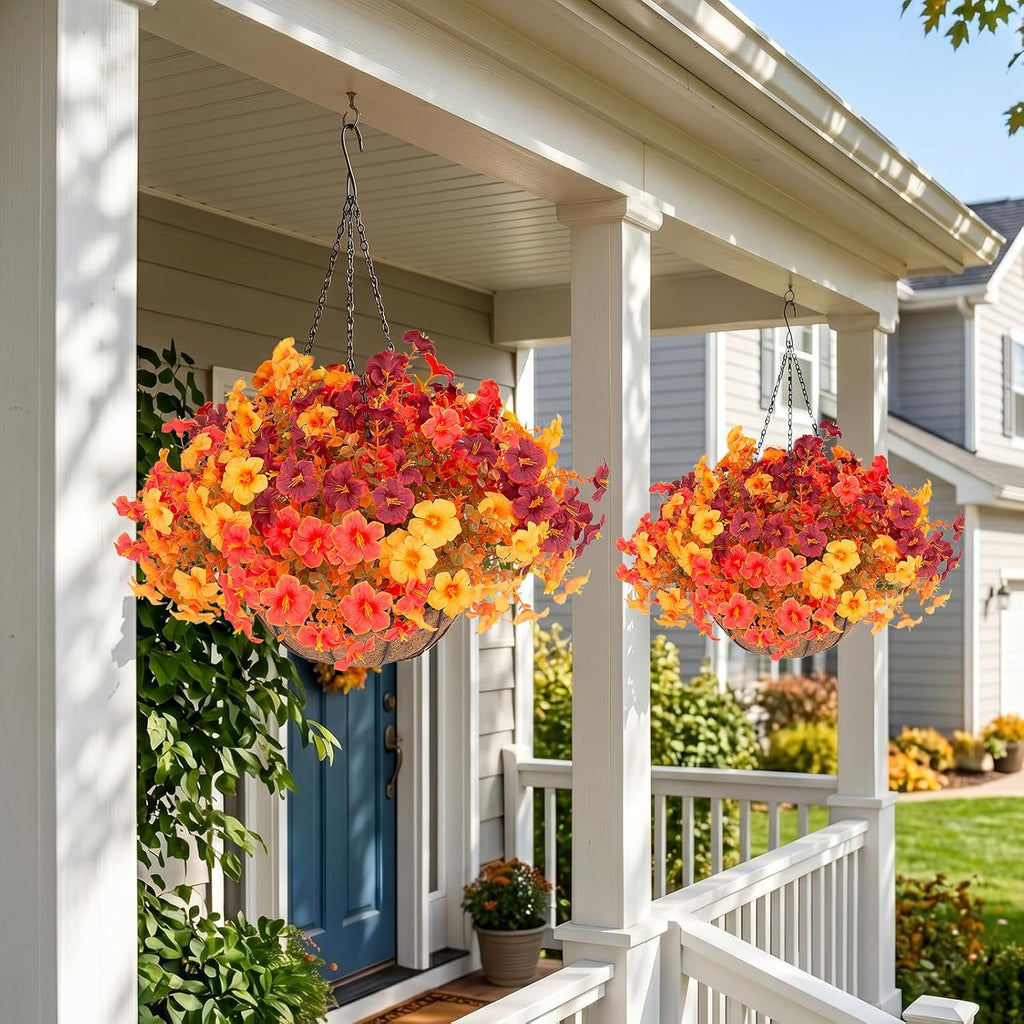 Daynight 2 Set Artificial Outdoor Fall Flowers with Hanging Baskets, 24 Pcs Faux Petunias Flowers with Hanging Planter for Outside Porch Yard Garden Autumn Decor (2, Orange)
