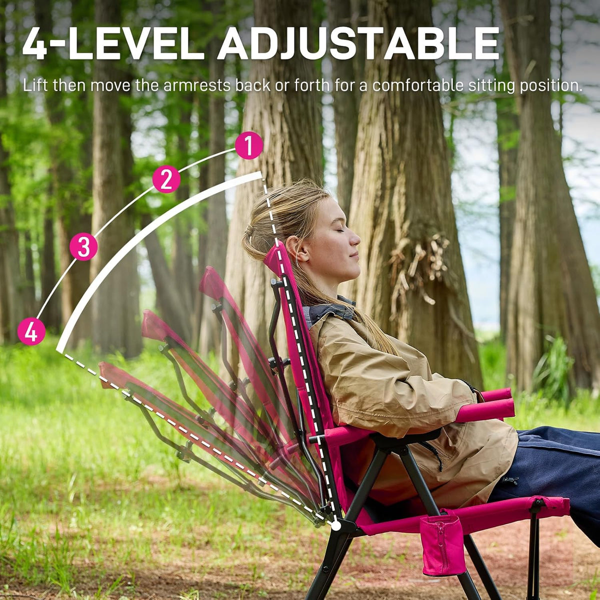 EVER ADVANCED Reclining Camping Chairs for Adult Supports 350lbs Pink