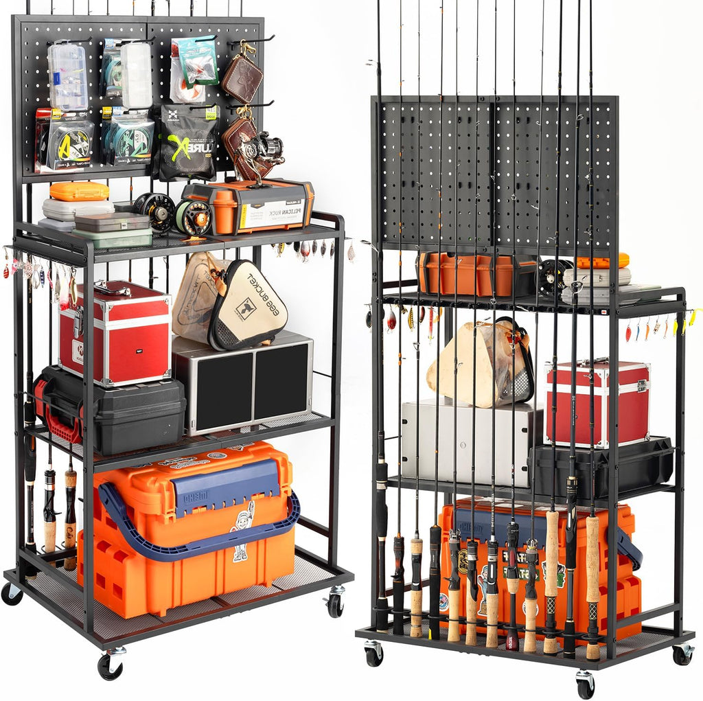 SOYEEZE Fishing Rod Holders for Garage, Fishing Pole Holder Up to 12 Rods with Pegboard and Hooks,Rolling Fishing Cart with Wheels, Fishing Gear Storage For Tackle Box & Reel Organization-4 Side Fence