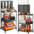 SOYEEZE Fishing Rod Holders for Garage, Fishing Pole Holder Up to 12 Rods with Pegboard and Hooks,Rolling Fishing Cart with Wheels, Fishing Gear Storage For Tackle Box & Reel Organization-4 Side Fence