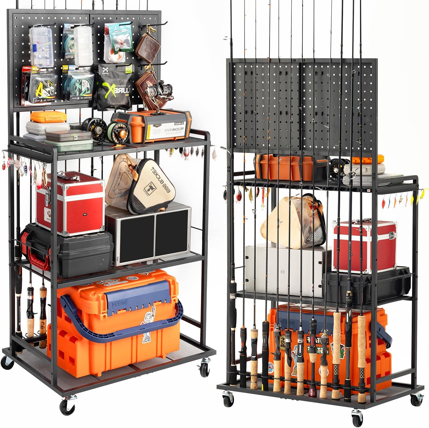 SOYEEZE Fishing Rod Holders for Garage, Fishing Pole Holder Up to 12 Rods with Pegboard and Hooks,Rolling Fishing Cart with Wheels, Fishing Gear Storage For Tackle Box & Reel Organization-4 Side Fence