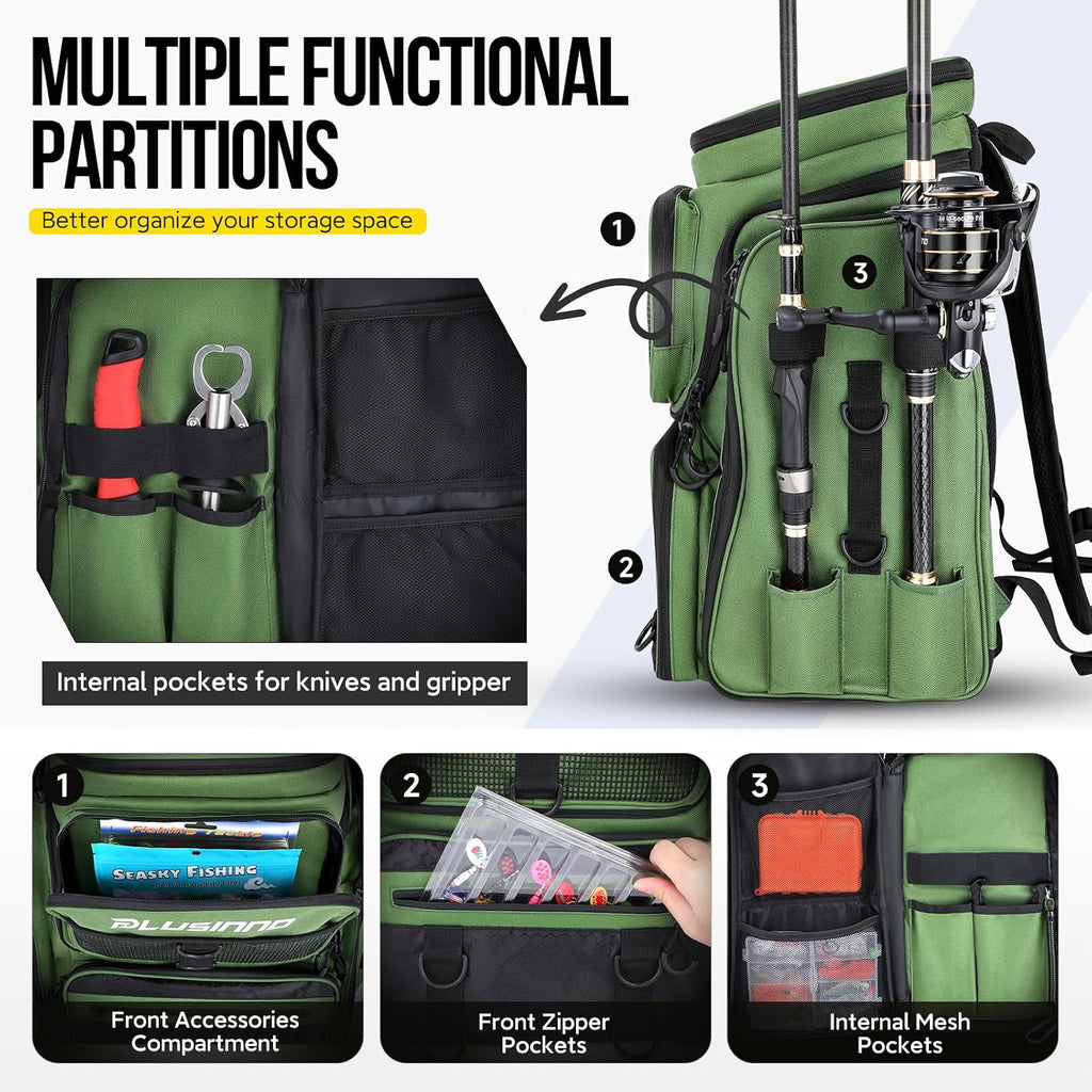 PLUSINNO Fishing Backpack with Rod Holders 4 Tackle Boxes, 42L Large Water-Resistant Fish Tackle Bag Store Fishing Gear, Camping, Hiking Gifts for Men Father, Green
