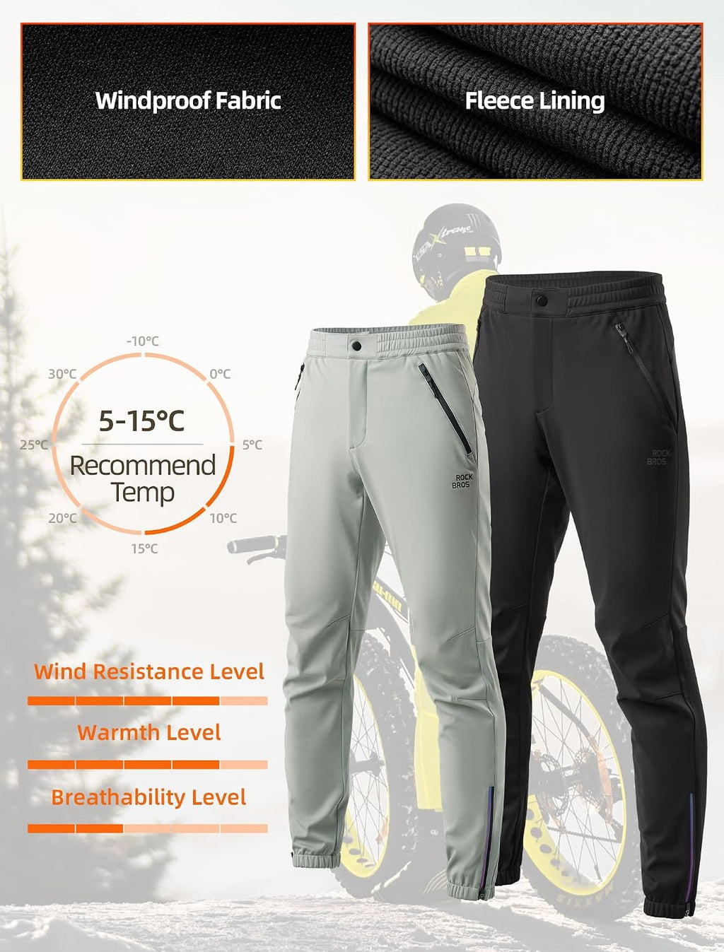 ROCKBROS Men's Winter Cycling Pants Thermal Water-Resistant Joggers