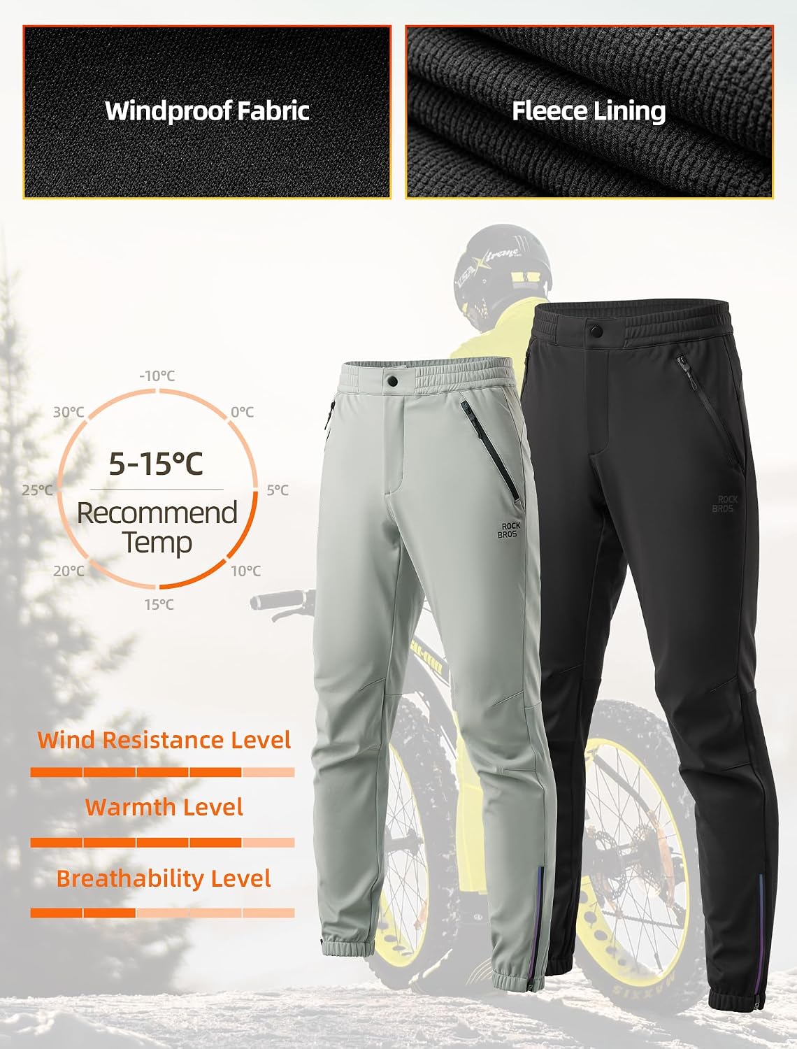 ROCKBROS Men's Winter Cycling Pants Thermal Water-Resistant Joggers