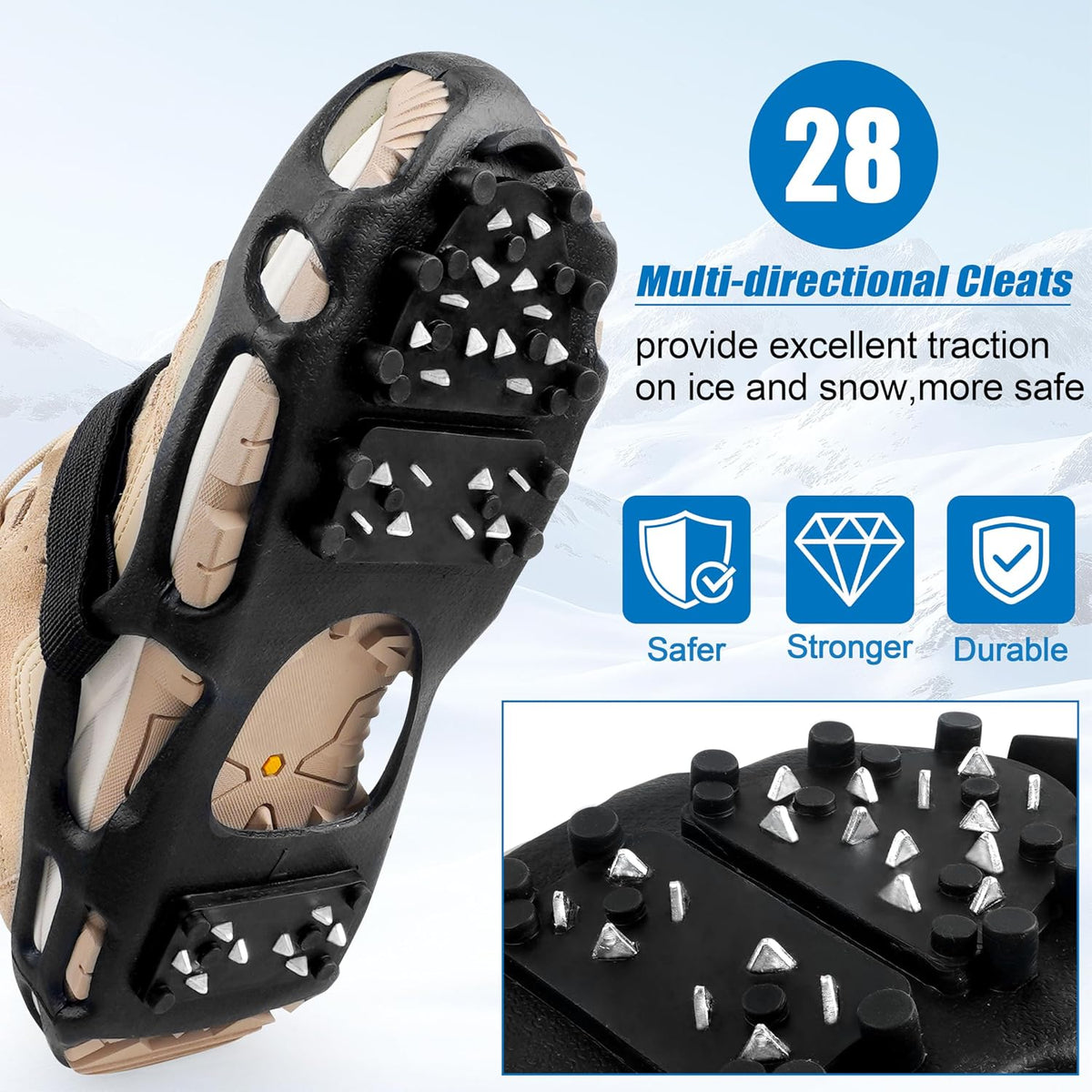 Ice Cleats Snow Walk Traction Cleats Crampon for Walking on Snow and Ice Upgrade 28 Studs Non-Slip Overshoe Rubber Anti Slip Crampons Slip-on Stretch Footwear