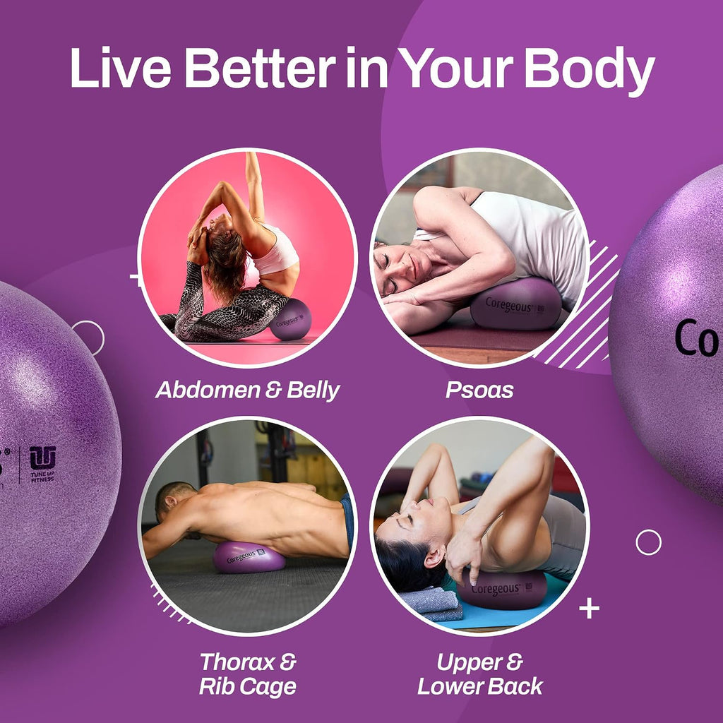 Tune Up Fitness – Coregeous Ball | Psoas Release Tool, Abdominal, Belly & Lower Back Release | Core Ball, Exercise Ball for Low Back, Stress & Digestive Relief, Improved Breathing & Sleep (Iris)