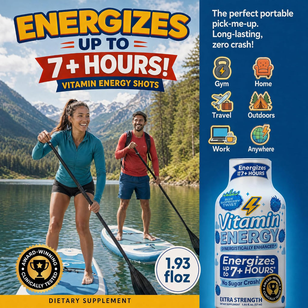 Vitamin Energy Blue Raspberry Twist Extra Strength Energy Shot, 24 Pack - Up to 7 Hrs, 260mg Natural Caffeine, Zero Sugar - Electrolytes + BCAAs, Hydration, B12 B6 Niacin, 1.93 fl oz, Keto Vegan