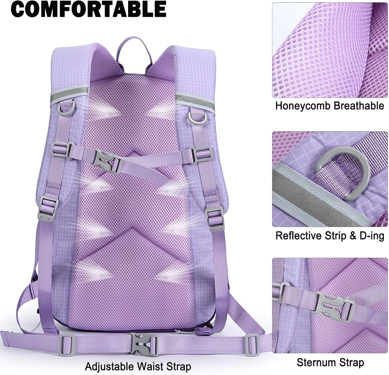 23L Lightweight Hiking Backpack, Travel Daypack with Pole Holder, Purple