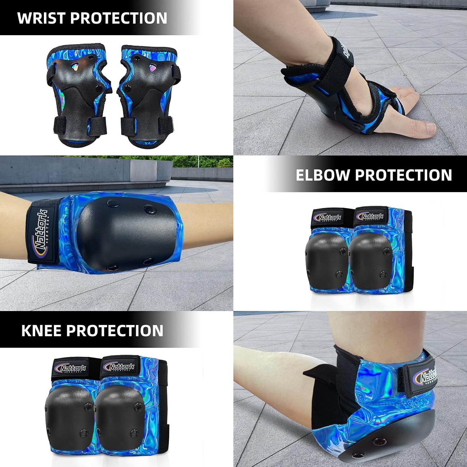 Nattork Knee Pads for Kids Youth Audlt，Knee and Elbow Pads with Wrist Guards 6 in 1 Protective Gear Set for Skateboard, Roller Skate, Inline Skates, Cycling and Scooter Boys Girls