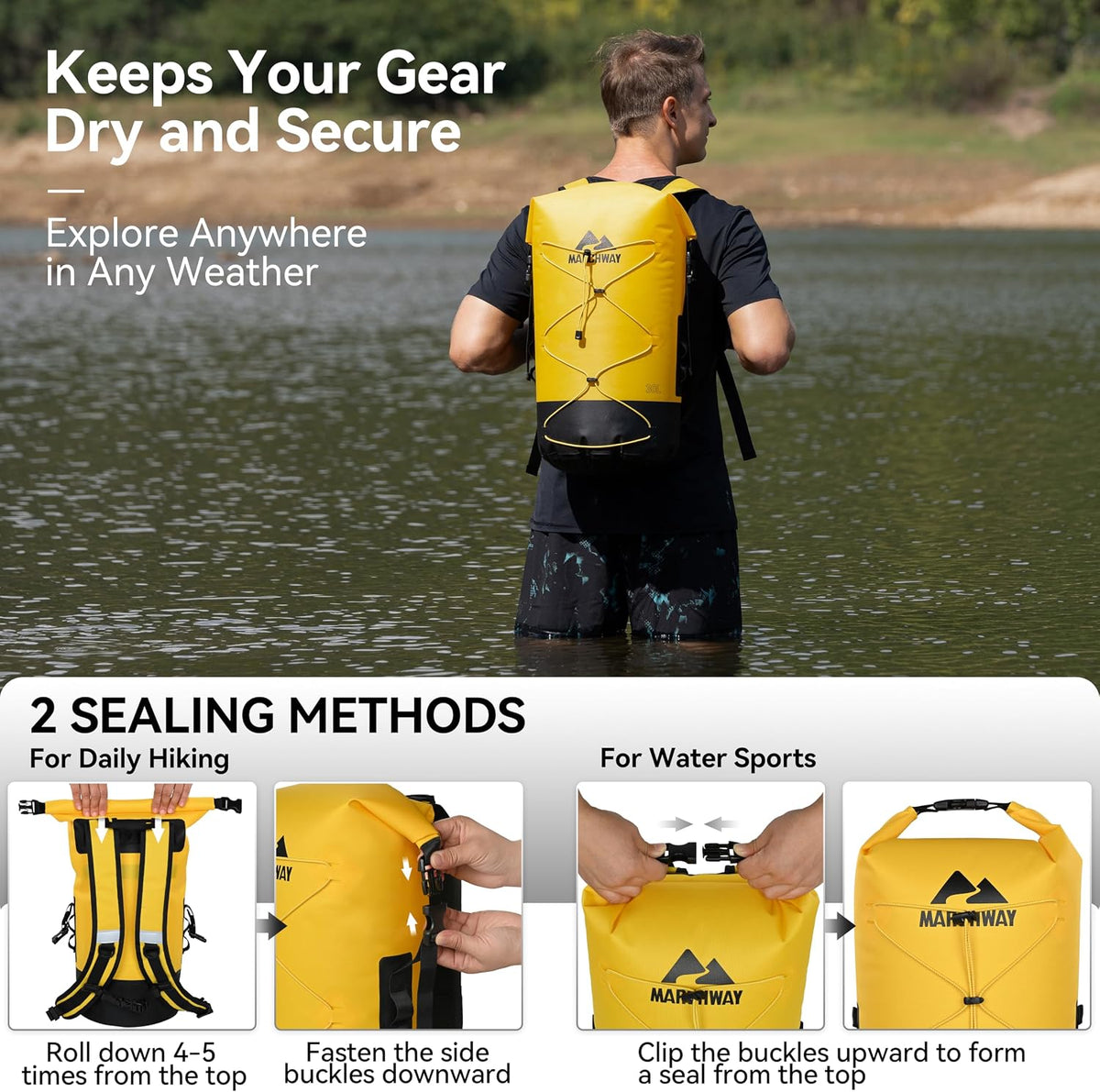 MARCHWAY Floating Roll Top Dry Bag, Flexible Lightweight TPU-coated Nylon Waterproof Backpack 20L/30L/40L with Padded Straps for Boating, Kayaking, Swimming, Hiking, Beach (Yellow, 30L)