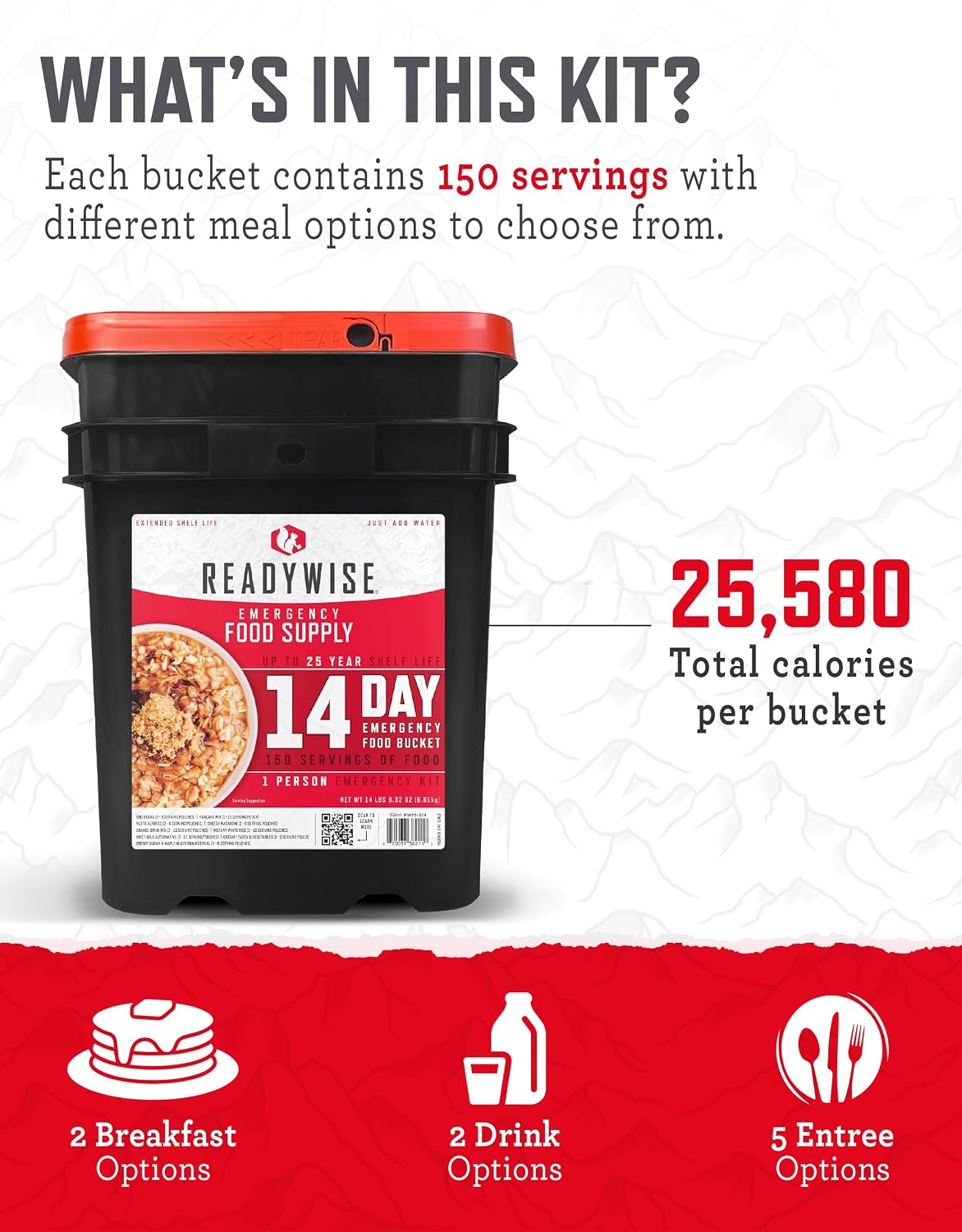 READYWISE Emergency Food Survival Supply 14 Day Bucket, 150 Servings