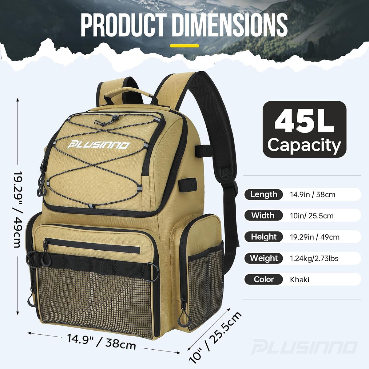 PLUSINNO Cooler Fishing Backpack with Rod Holders 45L Large Water-resistant Fishing Tackle bag Store Fishing Gear Fishing Gifts for Men Father