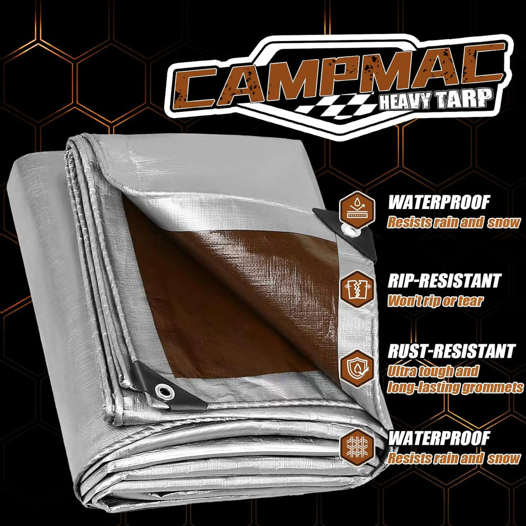 Tarps Heavy Duty Waterproof 12x16 Ft, 10 Mil Thick, High Durability, Rip, UV Resistant and Tear Resistant with Metal Gromets Every 20 Inches (Silver/Brown - Reversible)