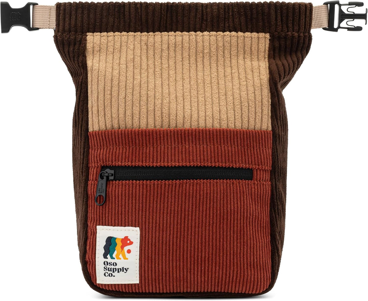 Oso Supply Co - Retro Corduroy Bouldering Bucket, Large Size Freestanding Chalk Bag for Rock Climbing, Magnetic Roll Down Closure, Dual Brush Loops, Zippered Pockets and Pouch