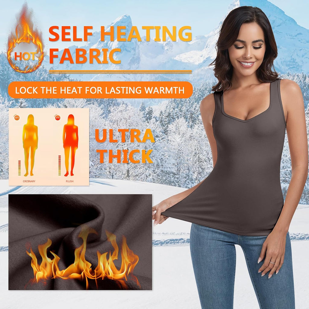 WOWENY Thermal Fleece Tank Top for Women V Neck Sleeveless Shirts Camisole Warm Base Layer Cami Vest Underwear Tops