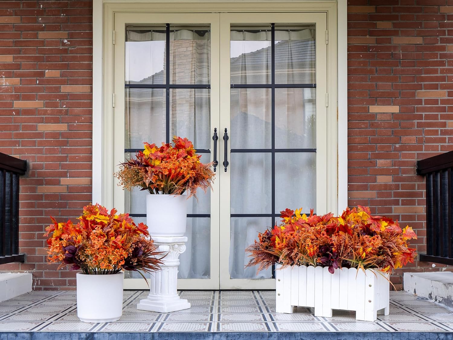 24PCS Artificial Fall Flowers Outdoors, Faux Maples & Mums for Outside