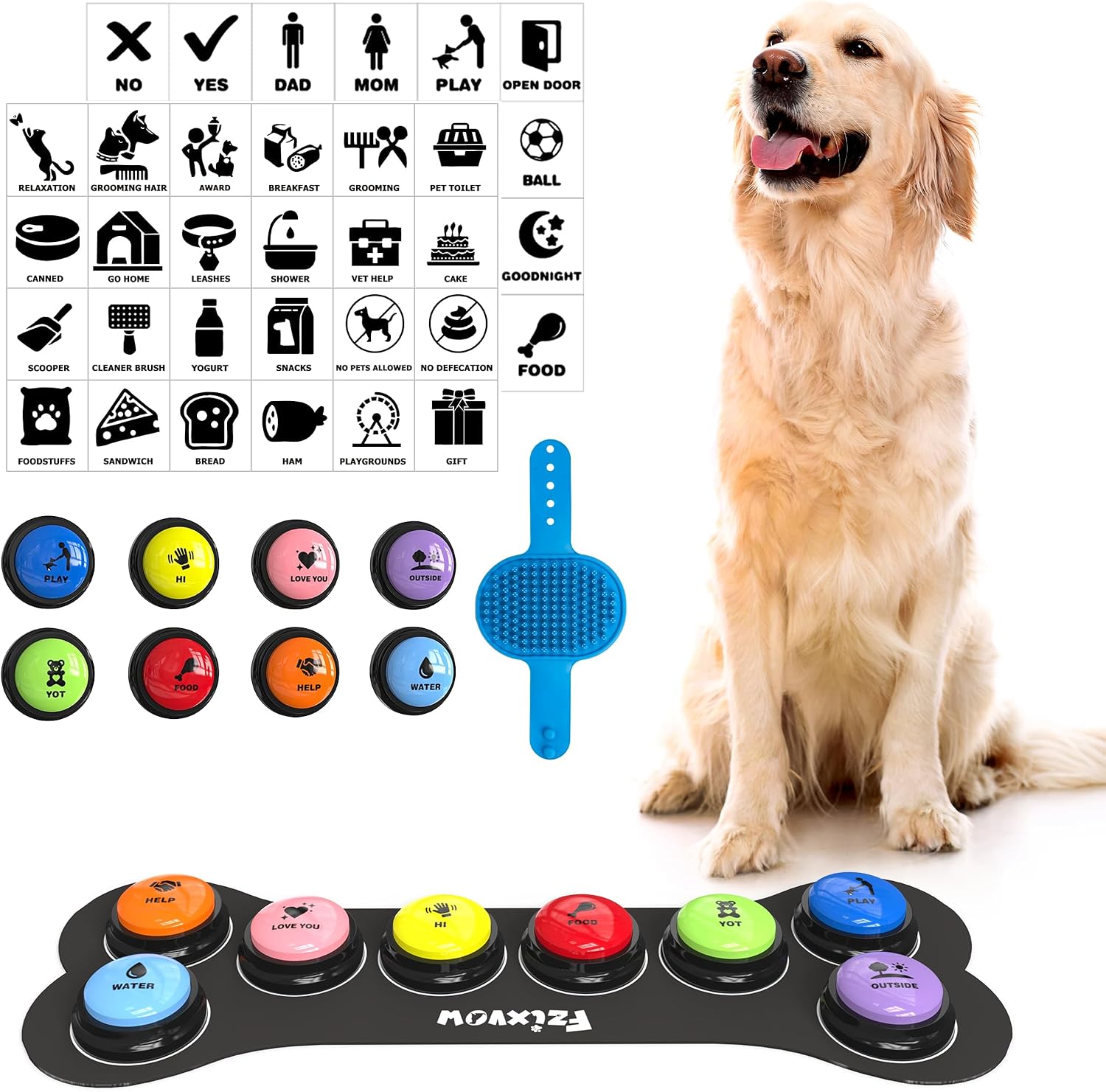 Dog Buttons for Communication 8 Pcs, 30s Recordable Dog Talking Buttons Starter Set with Anti-Slip Mat & 24 Scene Stickers, Pet Training Voice Buzzer