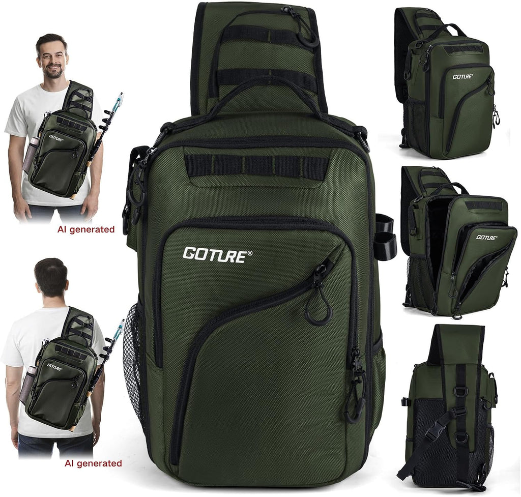 Goture Green Tactical Fishing Bag with 3 Trays,1680D Fishing Backpack