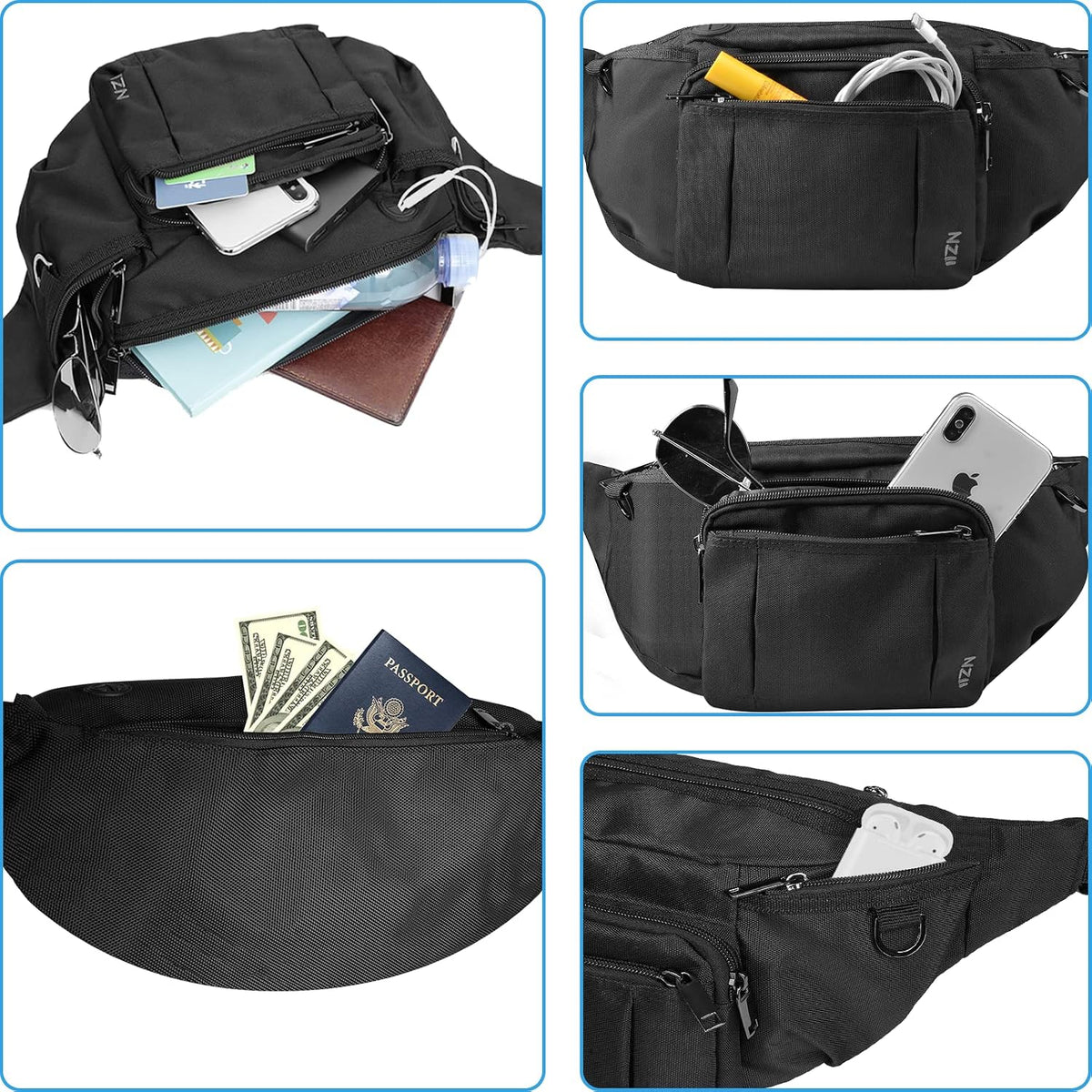 Sports Fanny Pack for Men Women, Outdoor Waist Pack Bag with 6 Zipper Pockets, Super Capacity Bum Bag with Adjustable Belt for Traveling Hiking Cycling Workout Casual
