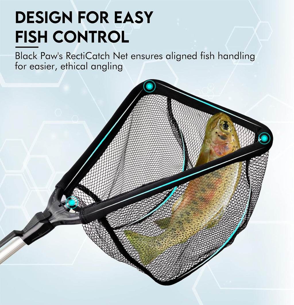 Black Paw Floating Fishing Net Foldable Telescopic Fish Landing Net with Built in Length Scale Rubber Coated for Kayak, Fly, Trout