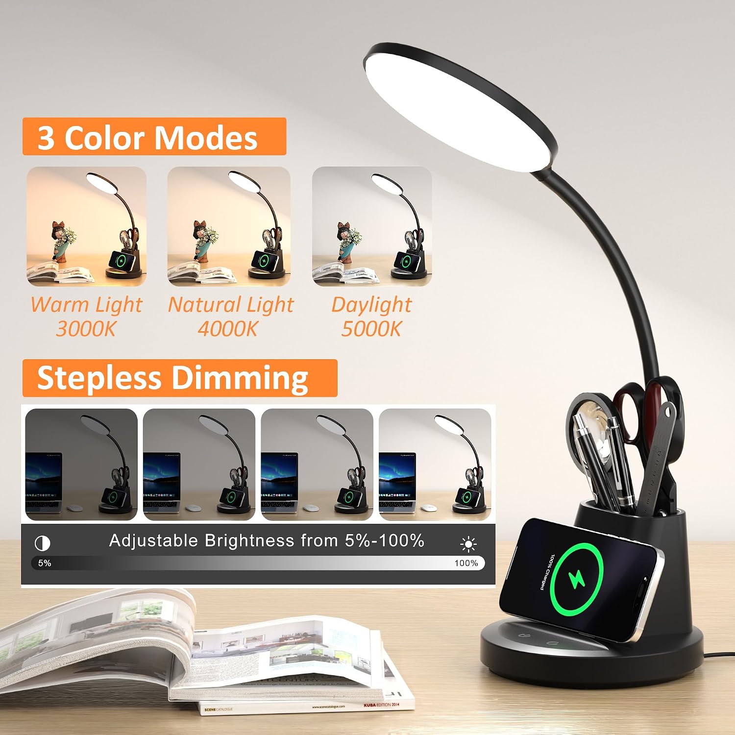 LED Desk Lamp with Wireless Charger for Home Office, Black