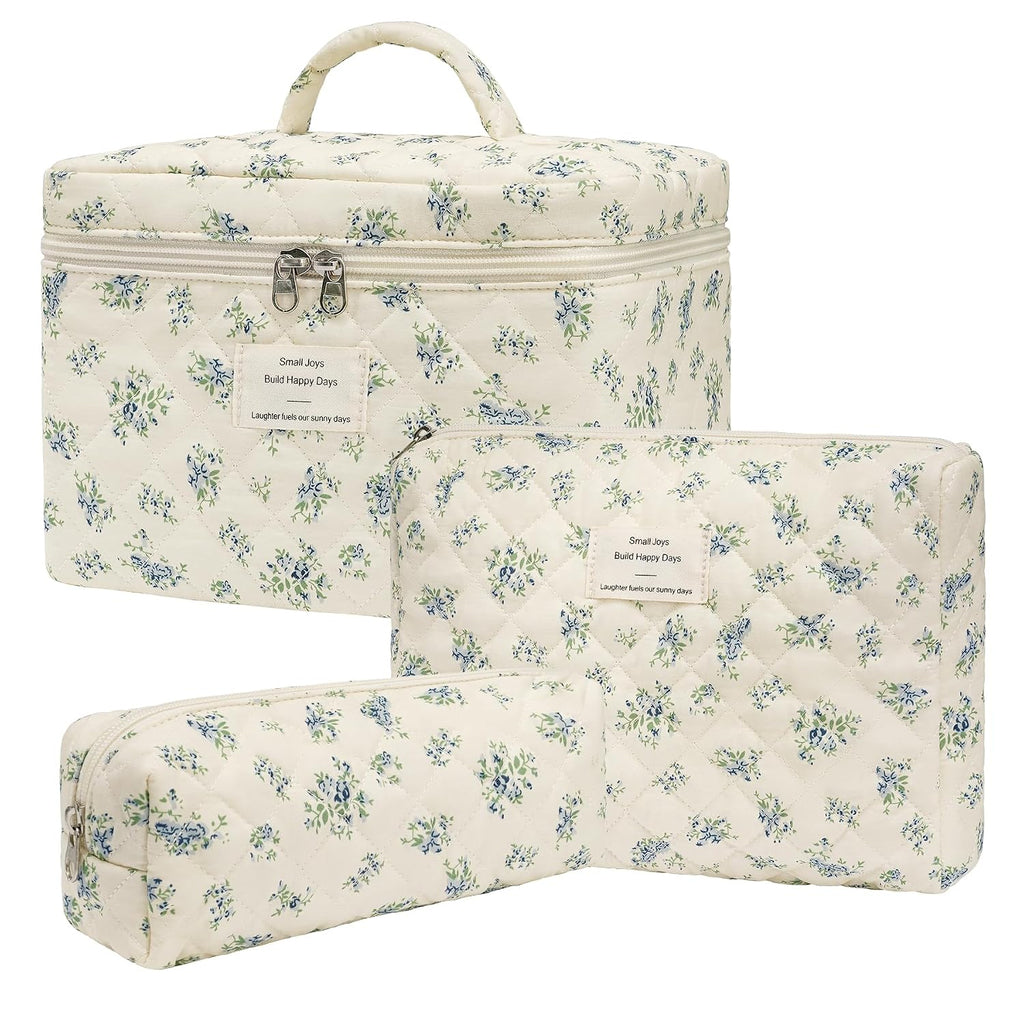 honitty Makeup Bag,Quilted Cosmetic Bags,Large Floral Make Up Organize bag,Makeup Bag Set for Women,Flower Travel Toiletry Bag